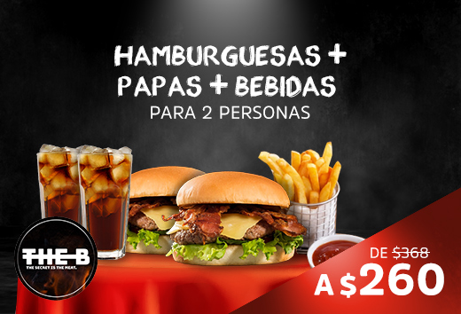 2 hamburguesasÂ + 2 complementosÂ + 2 bebidas $260