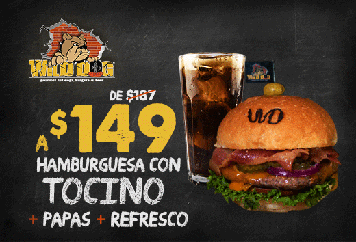 Hamburguesa Old Style con tocino + papas + refresco $149