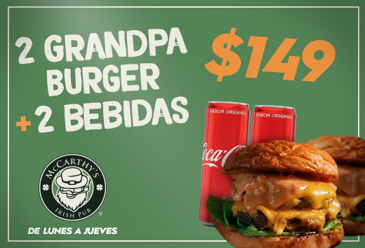 2 Grandpa Burger + 2 bebidas por $149 de lunes a jueves