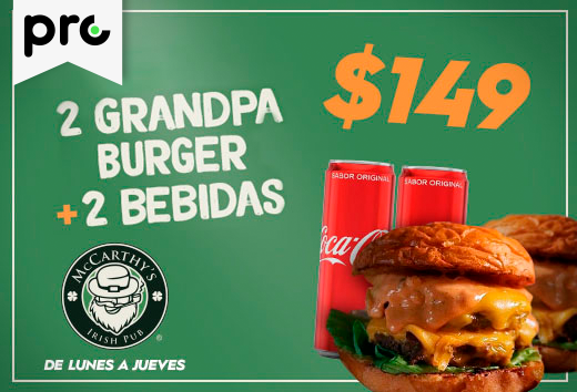 2 Grandpa Burger + 2 bebidas por $149 de lunes a jueves
