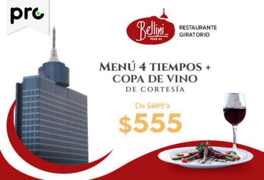 MenÃº 4 tiempos + copa de vino por $555