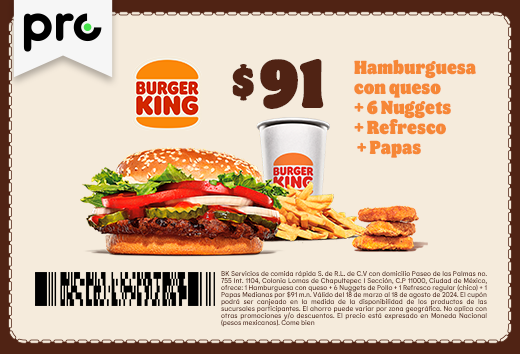 Hamburguesa con queso + 6 Nuggets + Refresco + Papas $91