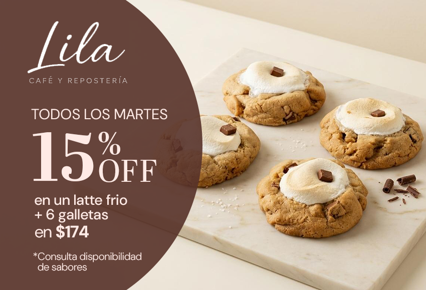 Martes de 15% OFF en un latte frio + 6 galletas en $174