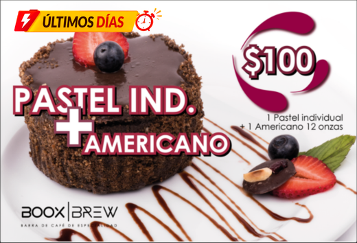 Pastel individual + americano de 12 onzas por $100