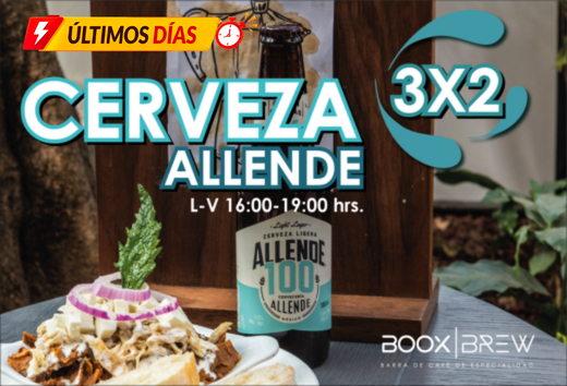 3x2 en cerveza Allendre de 4:00 p.m. a 7:00 p.m.